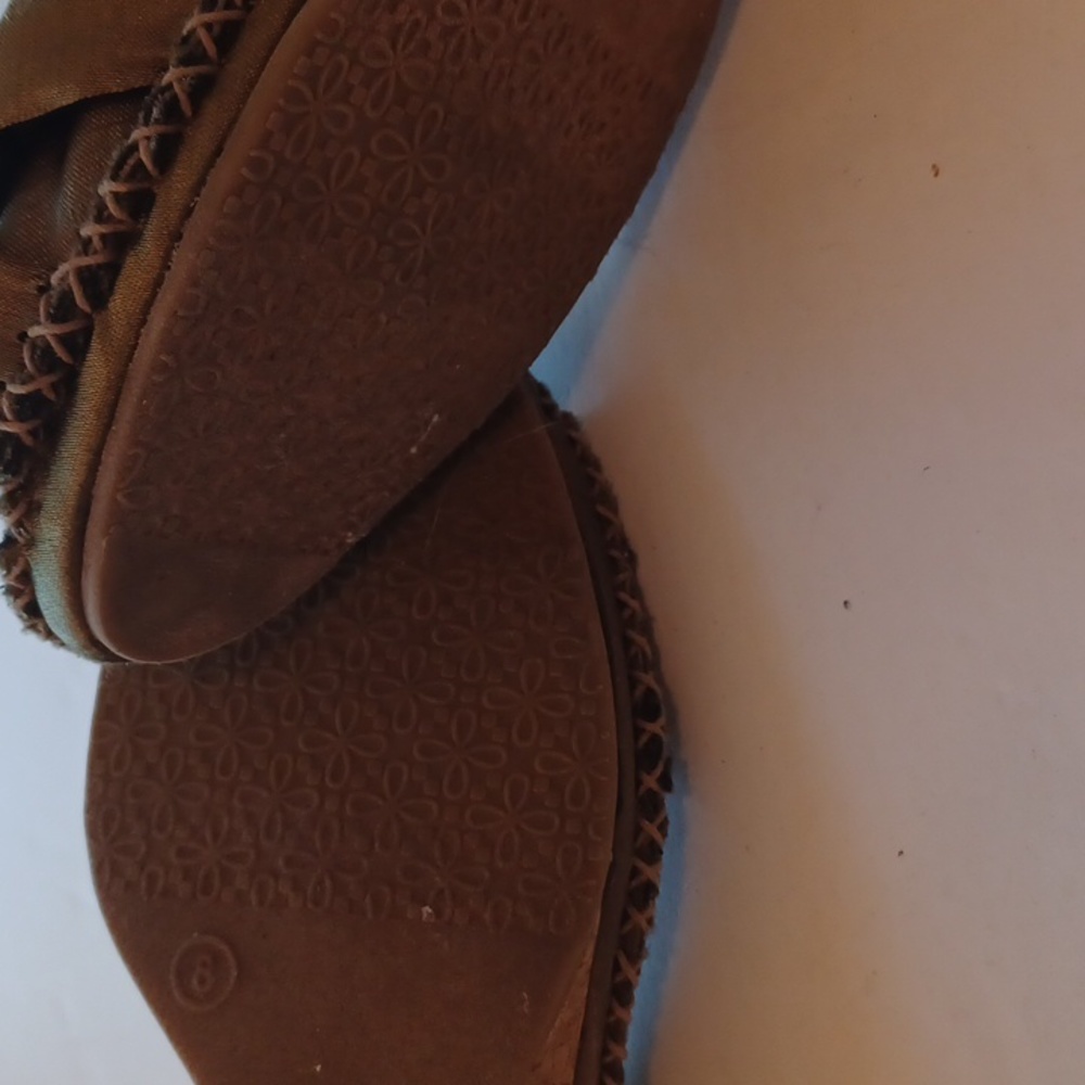 Nue Options sz 8 olive green silk cork wedges peep toe floral lining silk - Picture 7 of 8